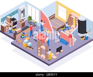 Renovierung Reparatur arbeitet isometrische Zusammensetzung mit Blick auf Wohnung und Arbeiter Montage Möbel und Bad Armaturen Vektor Illustration Stock Vektor