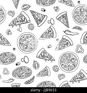 Pizza in verschiedenen Design nahtlose Muster handgezeichnete Skizze. Doodles Lebensmittel Hintergrund Stock Vektor Illustration. . Vektorgrafik Stock Vektor