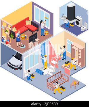 Renovierung Reparatur arbeitet isometrische Zusammensetzung mit Profilansicht der Wohnhausräume mit Arbeiter Reiniger Gruppe Vektor-Illustration Stock Vektor