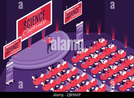 Sprecher auf der Bühne der Wissenschaftskonferenz vor Publikum 3D isometrische Vektordarstellung Stock Vektor