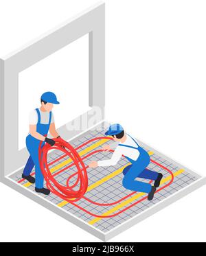 Renovierung Reparatur arbeitet isometrische Zusammensetzung mit zwei Arbeiter Reeling aus Gummirohr Vektor-Illustration Stock Vektor