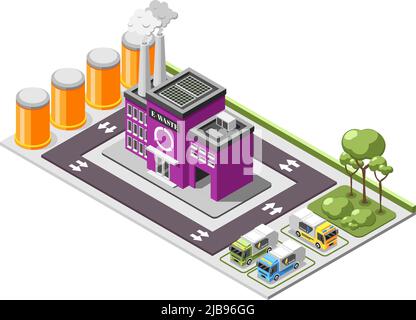 Elektronische Müll isometrische Zusammensetzung mit E-Abfall Recycling-Anlage Bereich mit Müllwagen auf Parkplatz Vektorgrafik Stock Vektor