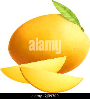 Realistische ganze Mango mit Blatt und zwei Scheiben auf weißem Hintergrund Vektorgrafik Stock Vektor