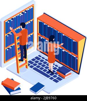 Online-Bibliothek Konzept mit Laptop und Menschen, die Bücher aus Regalen isometrische Vektor-Illustration Stock Vektor