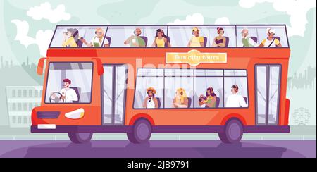 Bus Ausflug flache Komposition mit Stadtbild Silhouette Hintergrund und Doppeldeck Sightseeing-Bus mit Gruppe von Touristen Vektor-Illustration Stock Vektor