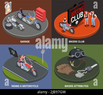 Isometrische 2x2 Design-Konzept mit Biker ihre Attribute und Club-Emblem isoliert auf bunten Hintergrund 3D Vektor-Illustration Stock Vektor