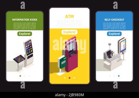 Interfaces Banner Set mit digitaler Informationstafel Self Checkout Counter und atm 3D isometrischer isolierter Vektordarstellung Stock Vektor