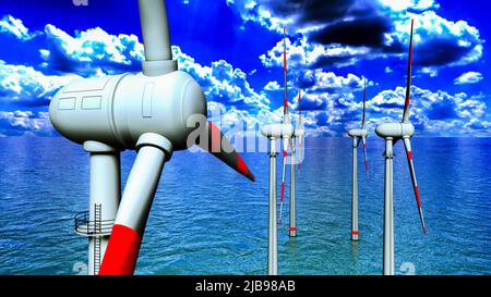 Windturbinen in der Mitte des Ozeans (3D Rendering) Stockfoto