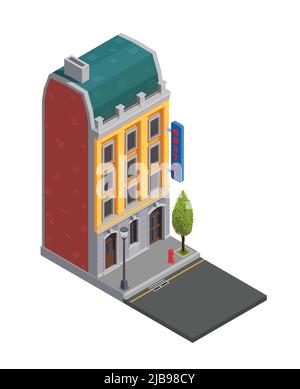 Vorstadtgebäude isometrische Zusammensetzung mit isoliertem Bild des Wohnhauses außen mit Schild und Bürgersteig Vektor-Illustration Stock Vektor
