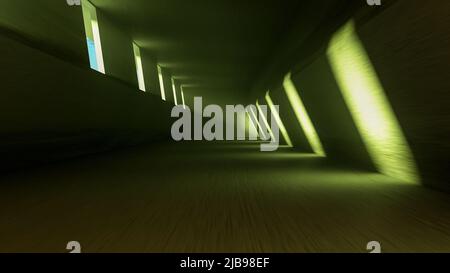 Eine futuristische Halle mit grün leuchtendem Licht (3D Rendering) Stockfoto