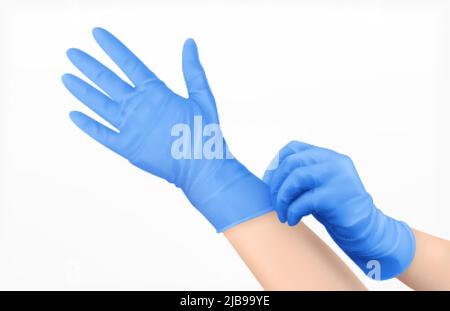 Menschenhände in blauen Latexhandschuhen, die für den persönlichen Schutz verwendet werden, realistische Designkonzeptdarstellung Stock Vektor