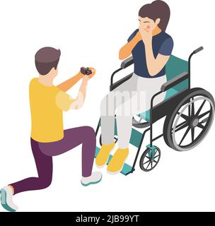 Mann schlägt vor, behinderte junge Frau im Rollstuhl 3D isometrische Vektor-Illustration Stock Vektor