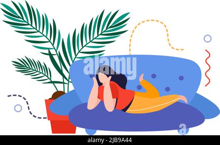 Home Garten flache Komposition mit Frau auf Sofa mit Hauspflanze in Topf Vektor-Illustration liegend Stock Vektor