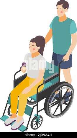 Mann hilft behinderten Frau im Rollstuhl zusammen gehen 3D isometrische Vektor-Illustration Stock Vektor