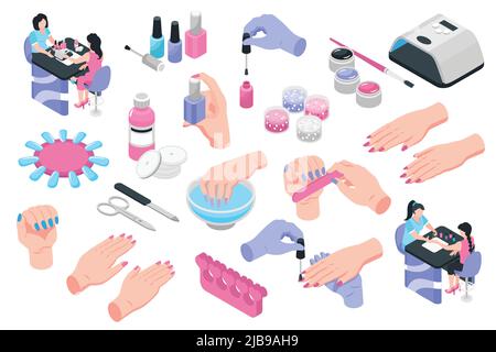 Nagelstudio isometrischer Satz von verschiedenen Werkzeugen für Maniküre Flaschen von Nagellack und Nagellack Entferner mit Wattepads isoliert Vektor-Illustration Stock Vektor
