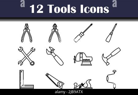 Tools-Symbolsatz. Auffälliges Design mit bearbeitbarer Konturbreite. Vektorgrafik. Stock Vektor