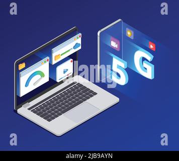 5G High-Speed-Internet isometrische Komposition mit Bildern von Laptop-Smartphone und Wireless-Speed-Verbindung Symbole Vektor-Illustration Stock Vektor