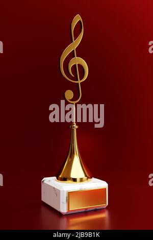 Golden Music award mit einem Violinschlüssel auf rotem Hintergrund, illustration 3D Stockfoto
