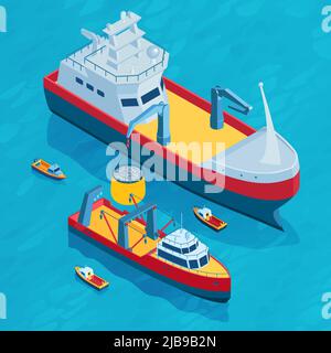 Isometrische kommerzielle Fischerei quadratische Zusammensetzung mit kleinen und großen Schleppnetzen ausgestattete Boote in offenen Meer Landschaft Vektor-Illustration Stock Vektor