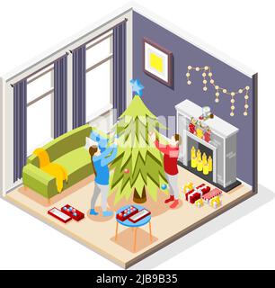 Weihnachten Stimmung isometrische Komposition mit paar Dekoration Firtree im Wohnzimmer Kamin und Licht Girlande Vektor Illustration Stock Vektor