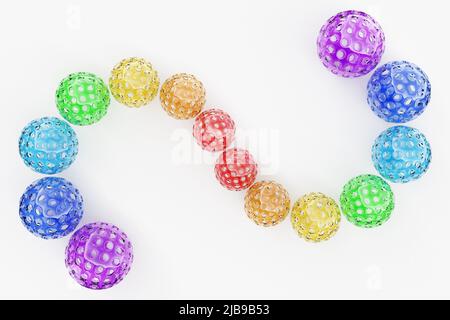 3D Rendern. Bunte Kugeln mit Löchern in Form einer Schlange. Nahaufnahme der geometrischen Formen der Kugel auf weißem Hintergrund Stockfoto