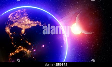 Ein schöner kosmischer Hintergrund mit der Erde und dem Mond, der von der Stadt Amerika und dem hellen Stern der Sonne scheint. 3D Render, 3D Illustration Stockfoto