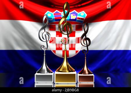 Violinschlüssel-Auszeichnungen für den Gewinn des Musikpreises vor dem Hintergrund der Nationalflagge Kroatiens, illustration 3D. Stockfoto