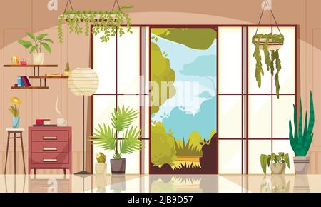 Komfortables modernes Wohnzimmer dekoriert innen sommergrünen Pflanzen in Töpfen und Pflanzgefäßen farbigen Hintergrund flache Vektor-Illustration Stock Vektor