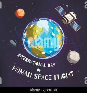 Internationaler Tag der menschlichen Raumfahrt Vektor-Illustration mit künstlichen Satelliten der Erde auf kosmische Umlaufbahn Stock Vektor