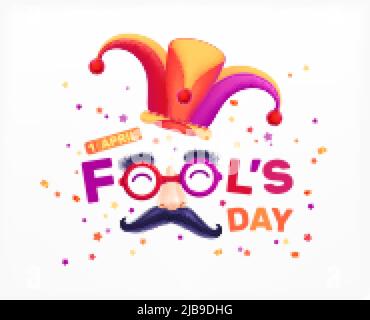 Fools Day 1 april realistische Schriftzug Komposition mit editierbarem Text und Joker Hut mit gefälschten Schnurrbart Vektor Illustration Stock Vektor