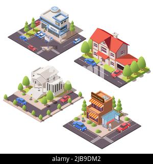 Satz von isometrischen Kompositionen mit 3D modernen städtischen Wohn- und öffentlichen Gebäuden isoliert auf weißem Hintergrund Vektor-Illustration Stock Vektor