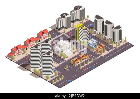 Isometrische Komposition mit 3D Ansicht der modernen Stadtstraßen auf weißem Hintergrund Vektor-Illustration Stock Vektor