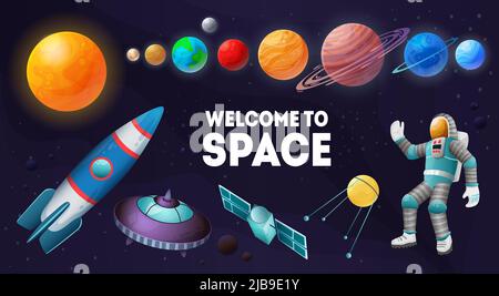 Willkommen im Weltraum bunte Zusammensetzung der Planeten Sonne Solarstation Satelliten Raumschiffe Astronaut Hintergrund Vektor Illustration Stock Vektor