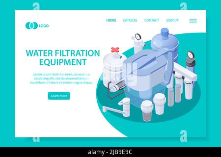 Isometrische Website-Seite mit 3D Symbol der Wasserfilteranlage Vektor-Illustration Stock Vektor