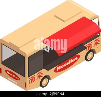 Isometrischer Food Truck mit chinesischem Nudelsymbol auf weißem Hintergrund 3D Vektorgrafik Stock Vektor