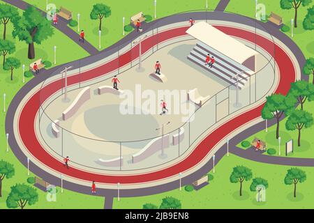 Isometrische Stadtpark horizontale Komposition mit Blick im Freien auf Quarter Pipe Spielplatz mit Figuren von Skateboardern Vektor-Illustration Stock Vektor