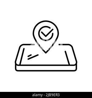 Kartenzeiger mit Standortverifizierung auf einem Smartphone. Symbol für die bearbeitbare Strichlinie in Pixel Perfect Stock Vektor