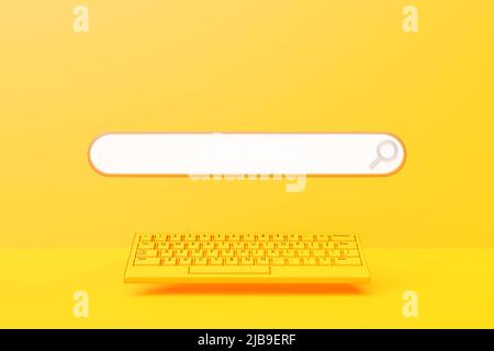 3D Abbildung einer gelben Tastatur mit einem Suchrahmen, einer Box, einem Internet-Panel mit einem Lupensymbol und einer Audiosuche. Das Konzept von Stockfoto