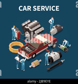 Car Service Concept mit Ersatzteilsymbolen isometrische Vektordarstellung Stock Vektor