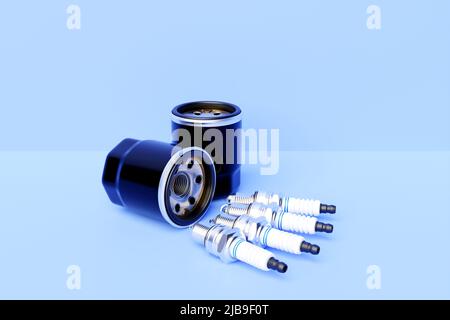 Schwarzer Kraftstofffilter und Zündkerzen auf blauem Hintergrund. 3D Abbildung. Kfz-Reparaturteile Stockfoto