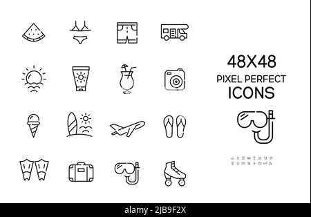 Sommerurlaub am Strand 48x48 Pixel perfekte Symbole gesetzt. Bearbeitbare Strichlinien-Grafik Stock Vektor