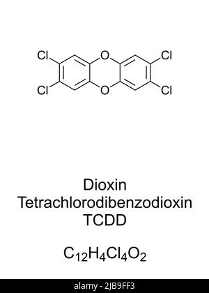 Dioxin, TCDD, Tetrachlordibenzodioxin, chemische Formel und Struktur. Organischer Schadstoff. Bekannt als Kontaminant in Herbizid Agent Orange. Stockfoto