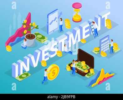 Investment isometrische Komposition mit 3D Text umgeben von konzeptuellen Bildern mit menschlichen Charakteren Münzen und Banknoten Vektordarstellung Stock Vektor