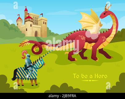 Mittelalterlicher Ritter Held duelliert riesigen Feuer atmen Drachen außerhalb königliche Burg flach Märchen Szene Vektor Illustration Stock Vektor