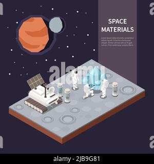 Gruppe von Astronauten, die den Planeten erkunden und Materialien in der Nähe ihres Raumschiffs sammeln 3D isometrische Vektordarstellung Stock Vektor