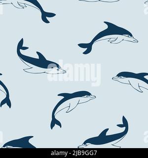 Nahtloses Vektor-Muster mit niedlichen Delfinen auf blauem Hintergrund. Einfache Cartoon Fisch Tapete Design. Dekorative Unterwasser Mode Textil. Stock Vektor