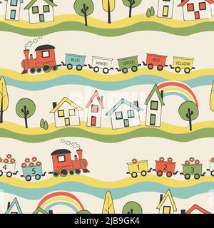 Nahtloses Vektor-Muster mit Zug auf pastellweißem Hintergrund. Einfache Kinderzimmer Spiel Wallpaper Design. Dekorative Spielzeug Mode Textil. Stock Vektor