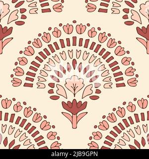 Nahtloses Vektor-Muster mit Blumenfächer auf rosa Hintergrund. Schönes florales Regenbogen Tapetendesign. Dekorative Tribal-Mode-Textilien. Stock Vektor