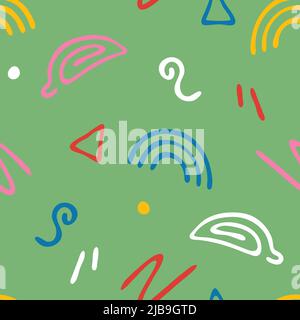 Nahtlose Vektor-Muster mit lustigen bunten Formen auf grünem Hintergrund. Einfache glücklich Sommer Tapete Design. Dekorative Doodle Mode Textil. Stock Vektor