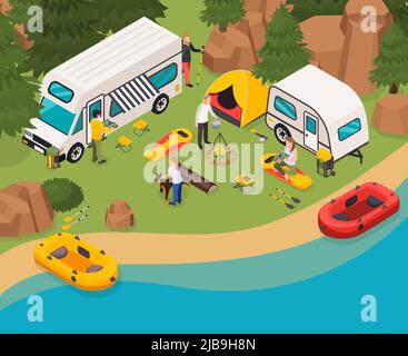 Wandern Touristen Camping Urlaub isometrische Zusammensetzung mit Camper Zelt Lagerfeuer Kochen Campingplatz in der Nähe von Flussbooten Vektor-Illustration Stock Vektor
